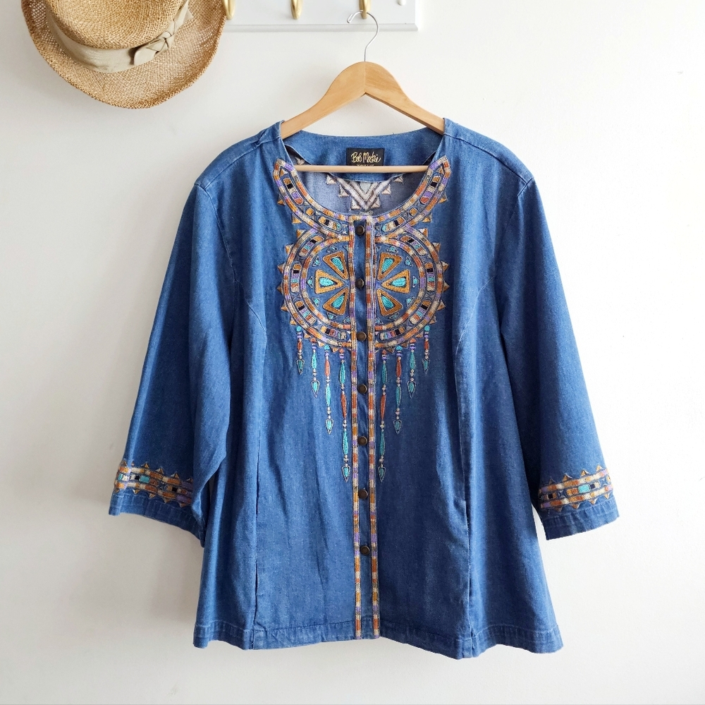 Bob Mackie Wearable Art Embroidered Denim Jacket Top Boho Western Aztec
